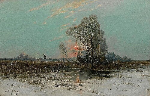 Rising ducks in snowy moorland, 1907, Otto Fedder