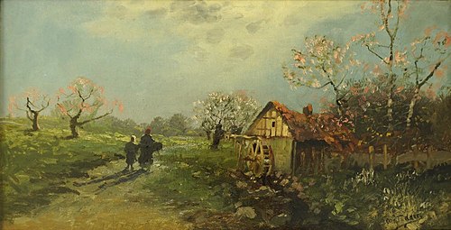 Spring landscape with mill and figures, 1919, Otto Fedder