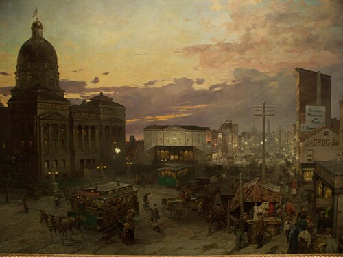 Washington Street, Indianapolis au crépuscule, 1892, Theodor Groll