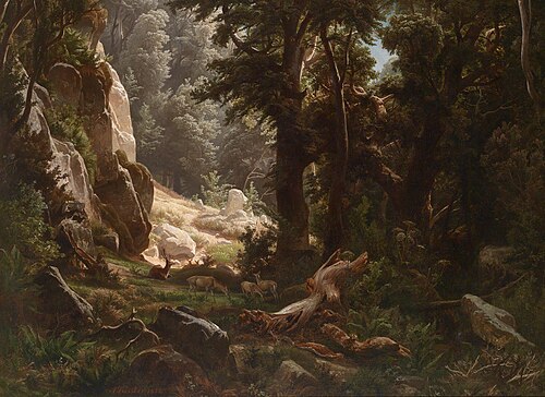 Rotwild im Waldinneren, 1852, August Kessler