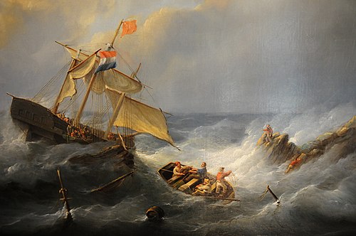 A ship in trouble at a rocky coast, 1845, Christiaan Cornelis Kannemans