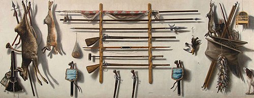 Trompe-l'oeil of an arms rack with a leading staff, a partizan, a matchlock musket, a longbow, a fow, 1665, Jacob Biltius