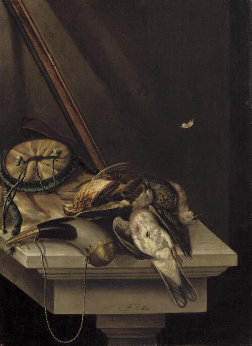 A still life of game and hunting acoutrements, on a stone ledge, 1666, Jacob Biltius