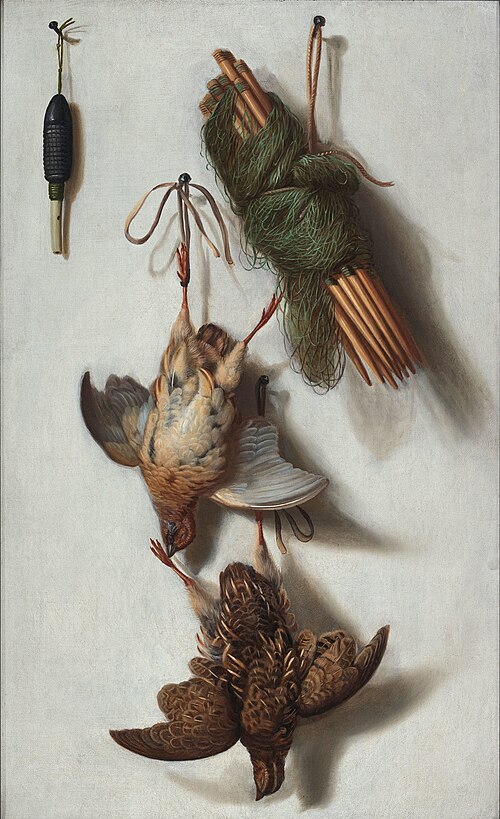 Trompe l’Oeil of Dead Fowl, a Hunting Net and a Whistle Suspended from four Nails, 1650, Jacob Biltius