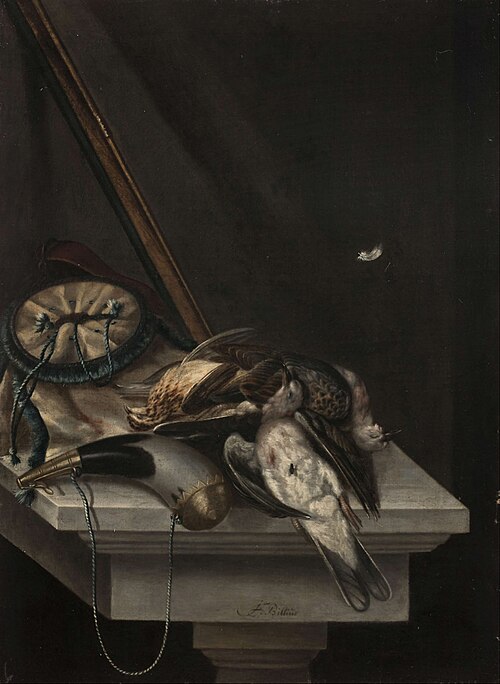 Thrushes, turtle doves and powder on an entablature, , Jacob Biltius