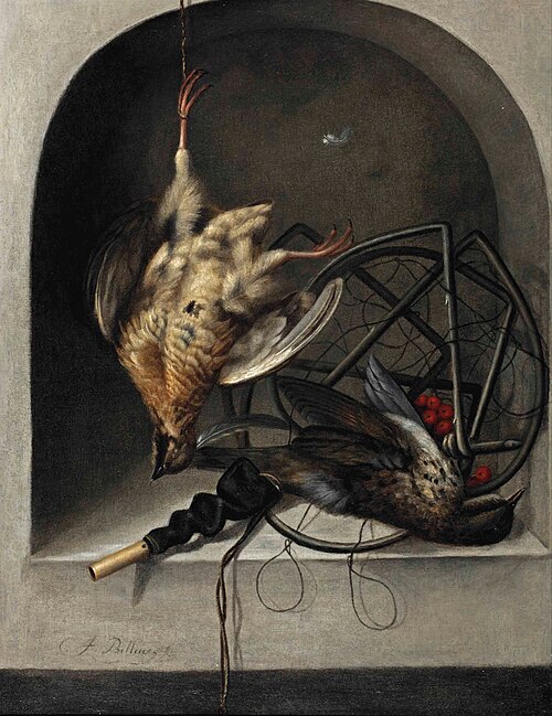 A partridge suspended from a nail, a starling, a trap and whistle in a stone niche, , Jacob Biltius