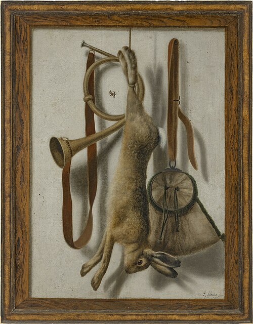Trompe l'œil of a hare, hunting horn and hunting satchel, 1664, Jacob Biltius