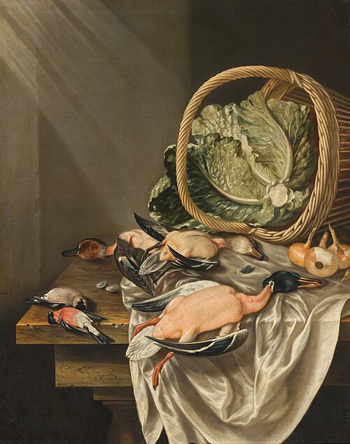 Kitchen still life with an overturned basket of lettuce, game and vegetables, 1676, Jacob Biltius