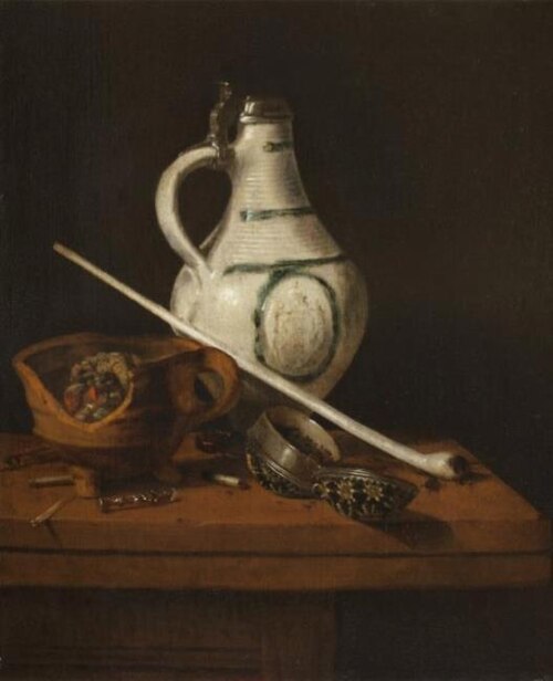Still life with white crock, brazier and smoking paraphernalia, 1660, Pieter Janssens Elinga