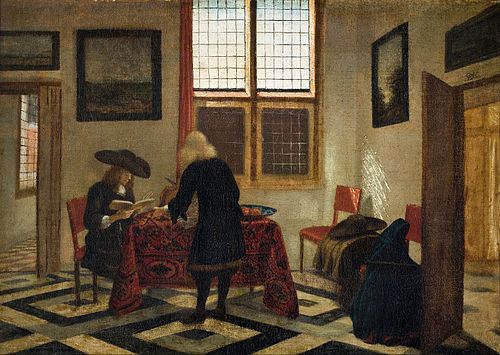 A Man Singing and Another Playing the Viola in an Interior, 1680, Pieter Janssens Elinga