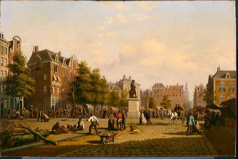Reguliersplein (thans Thorbeckeplein) in 1869, met op de achtergrond de Botermarkt (thans Rembrandtp, 1869, Andries Scheerboom
