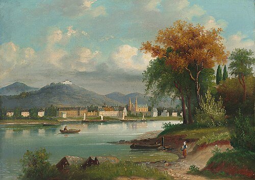Blick über Flusslauf auf eine Residenzstadt und Schlosshügel., , Anton Pick