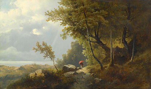 A wooded landscape with woman walker, 1879, Joseph Thoma