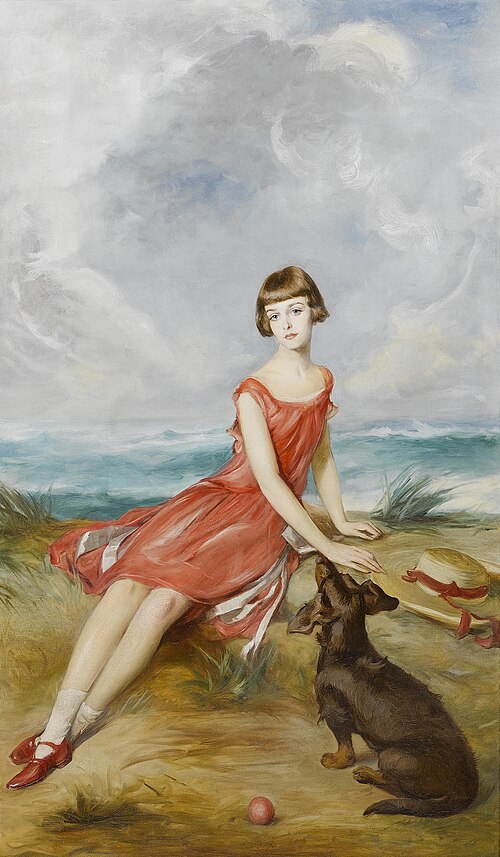 Portrait of a young girl with her dog by the sea., , Adolf Pirsch
