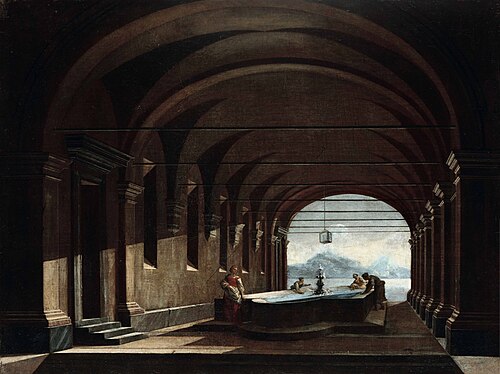 Architectural whim with women at the fountain, 1650, Niccolò Codazzi