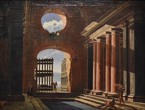 Vue intérieure, Péristyle d'un palais avec un bassin, 1670, Niccolò Codazzi