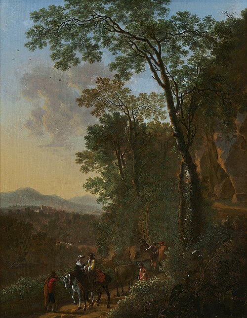An elegantly dressed couple on horseback on a path with other travellers in a southern landscape, , Willem de Heusch