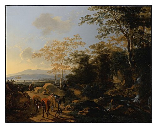 An Italianate landscape with travelers and mules by a waterfall, , Willem de Heusch