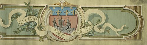 Bandeau décoratif avec les armes de la ville de Paris, un phylactère portant la devise et des branch, 1889, Gilbert Bellan