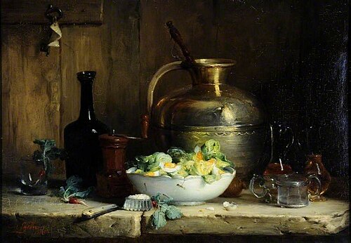 Still Life with a Pitcher, Glasses and a Bowl of Salad, 1885, Ernest Eugène Lefebvre