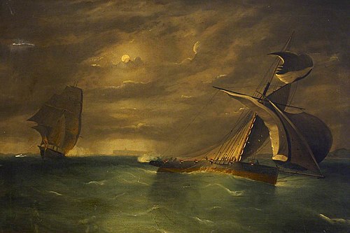 A frigate chasing a smuggling cutter, 1875, Frederick Tudgay