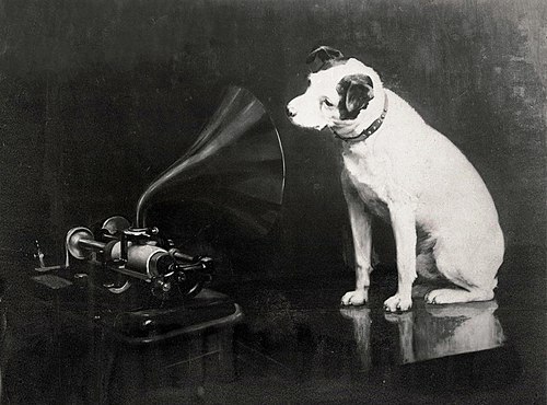 Dog looking at and listening to a phonograph, 1898, Francis Barraud