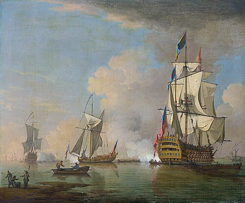 A British man o' war firing a salute in calm seas with other vessels, 1749, Peter Monamy
