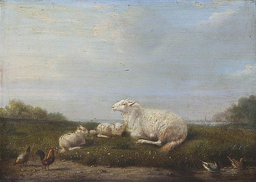 A Ewe and Two Lambs with Poultry in a Landscape, 1863, Franz van Severdonck
