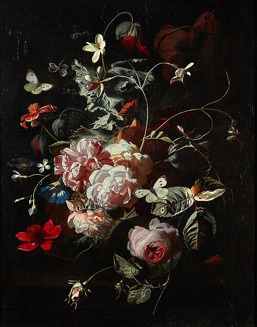 Still life of pink roses, poppies, jasmine and other flowers, in a glass vase on a table, with butte, , Simon Verelst