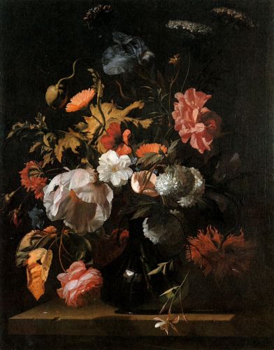Still life of flowers in a glass vase, , Simon Verelst