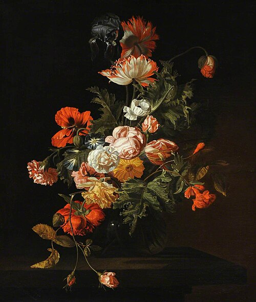 Still Life of Roses and other Flowers in a Glass Bowl on a Stone Ledge, 1682, Simon Verelst