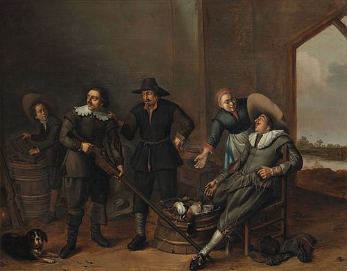 Hunters resting in a barn, 1633, Gerard Donck
