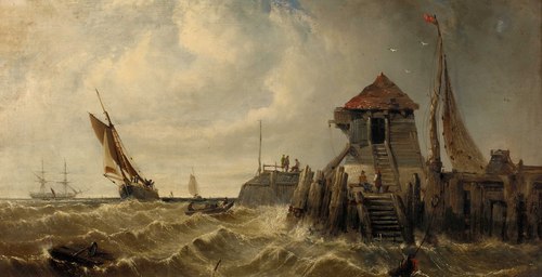 Fishing boats off a jetty, 1862, Arthur Joseph Meadows