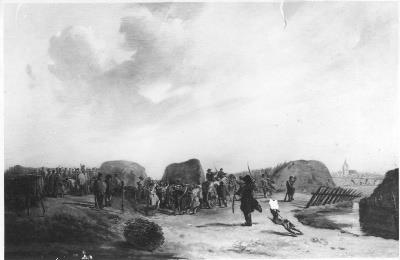 De Schutterij uit Amsterdam en Weesp, de lunet "De Halve Maan" aan de Karnemelksloot bij Naarden ver, 1814, Pieter Gerardus van Os