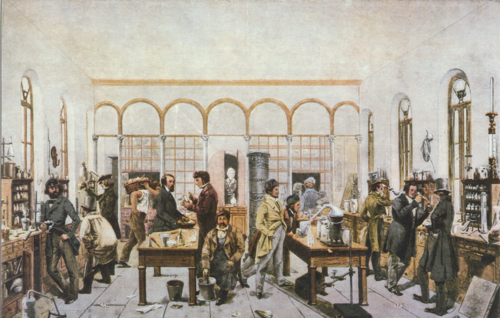 Justus von Liebigs Doktoranden in seinem Gießener Labor, 1841, Wilhelm Trautschold