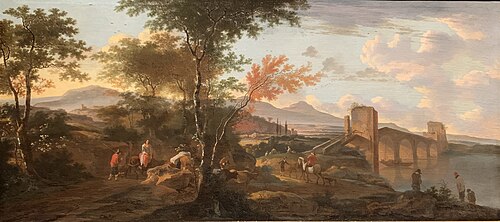 Travelers at the Ponte Molle on the Tiber, 1675, Cornelis van Swanenburgh