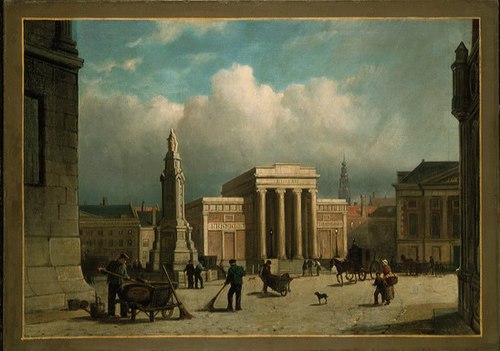 Straatvegers op de Dam met de Beurs van Zocher, 1869, Rombertus Julianus van Arum
