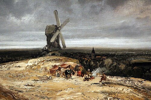 paesaggio con mulino e una veduta di montmartre, 1830, Georges Michel