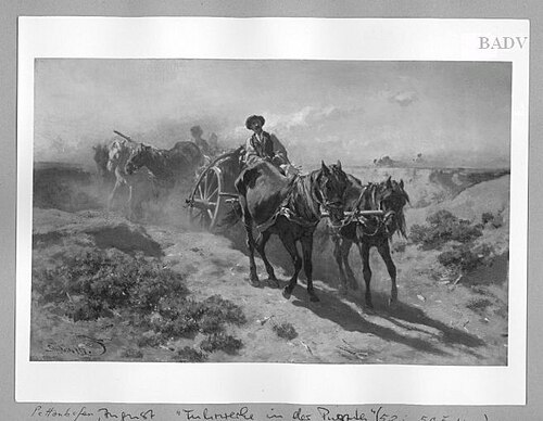 2 wheeled carriages in Hungarian plain, 1858, August von Pettenkofen