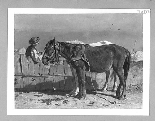 Horses and man near a fence, 1856, August von Pettenkofen