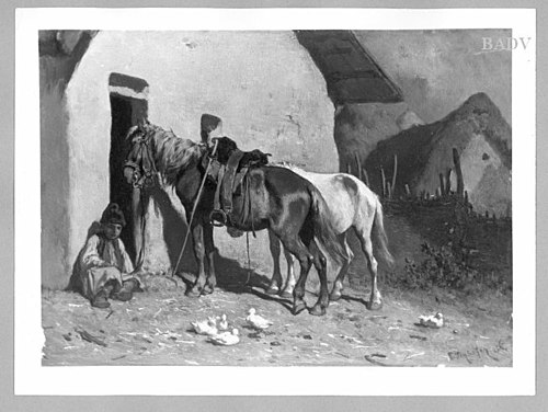 Horses before a stable, 1856, August von Pettenkofen