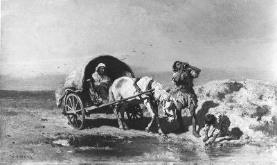 Hongaarse boeren verfrissen zich aan een waterplas, 1857, August von Pettenkofen