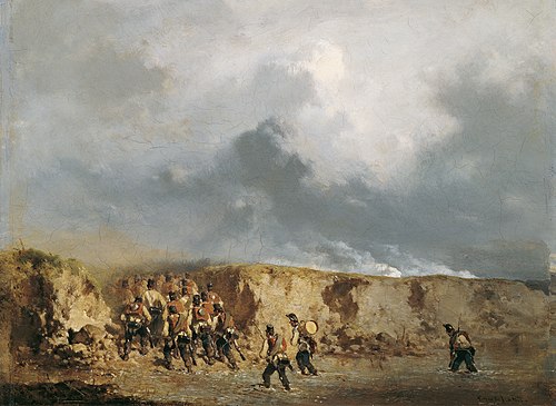 Österreichische Soldaten eine Furt überschreitend, 1851, August von Pettenkofen