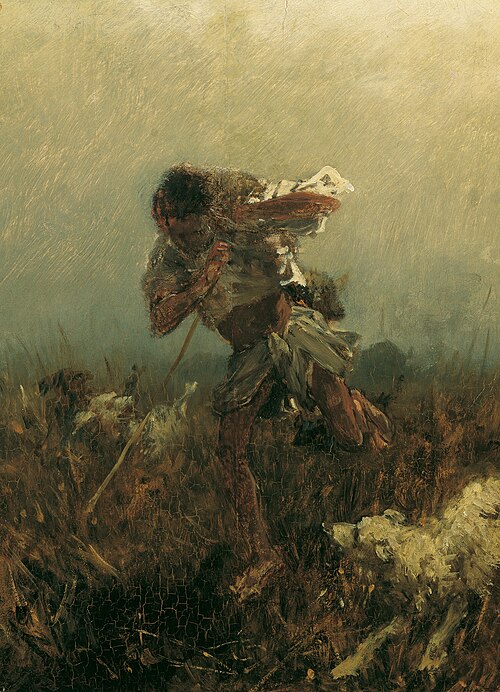 Boy is tracked by dogs, 1871, August von Pettenkofen