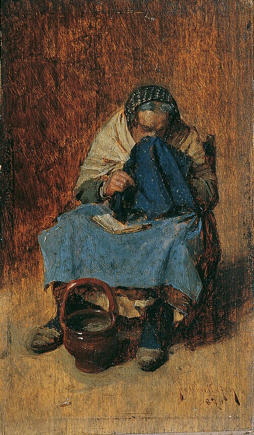 Alte Venezianerin, sich schneuzend, 1874, August von Pettenkofen