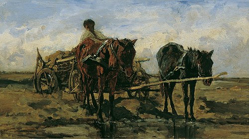 Hungarian farmer's wagon on the water, 1875, August von Pettenkofen
