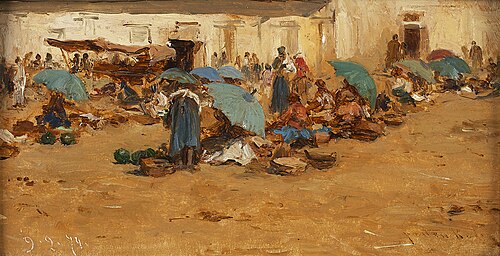 Hungarian market with blue umbrellas, 1874, August von Pettenkofen