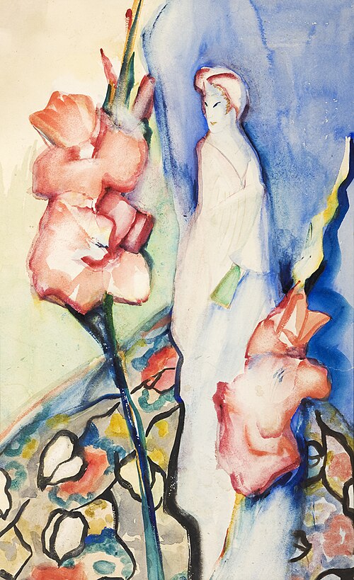 Stilleven met Chinese sculptuur en bloemen, Stilleven met bloemen en Japanse sculptuur, 1925, Alida Pott