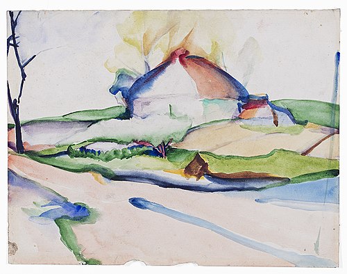 Gestileerd landschap met boerderij en gele bomen, 1918, Alida Pott
