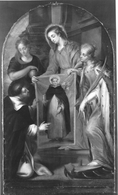 Maria, Magdalena und Katharina zeigen das Bild des hl. Dominikus mit Buch und Lilie dem hl. Thomas v, 1667, Oswald Onghers